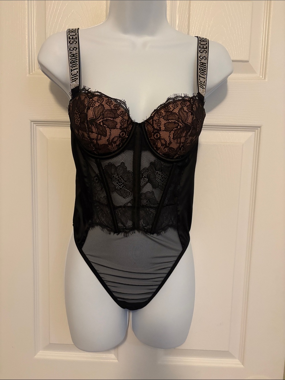 Victoria's Secret Black Lace Bodysuit with Logo Straps